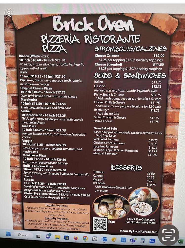 Brick Oven Pizzeria & Restaurant Menu image 1